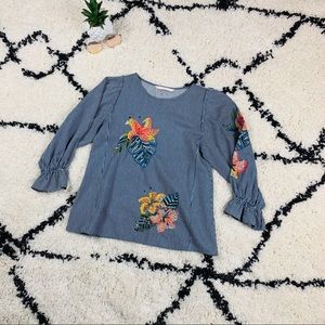 Vertical stripped Frill trim denim blouse